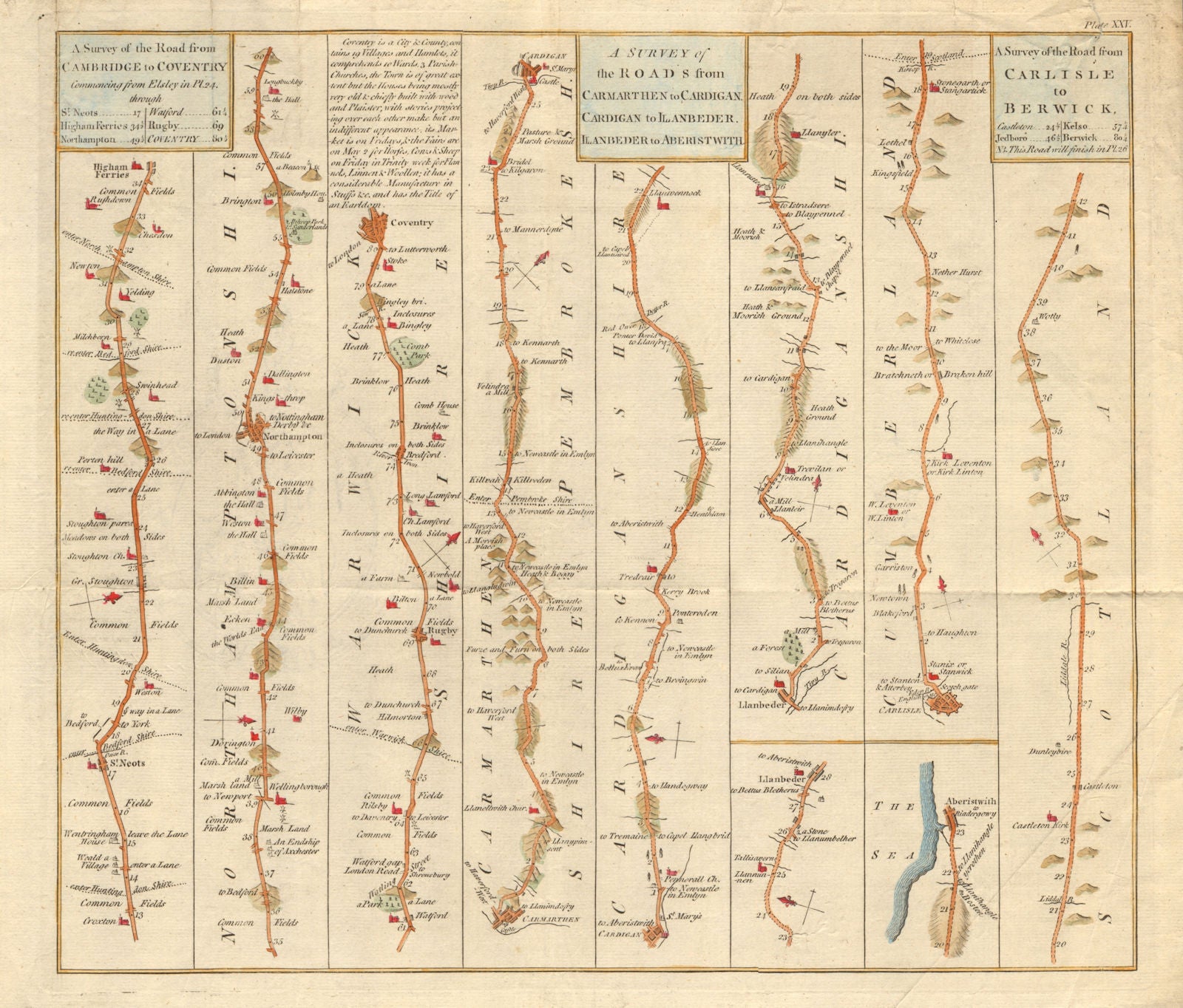 Road strip map. Northampton-Coventry Aberystwyth Carlisle. Hinton 1765 old